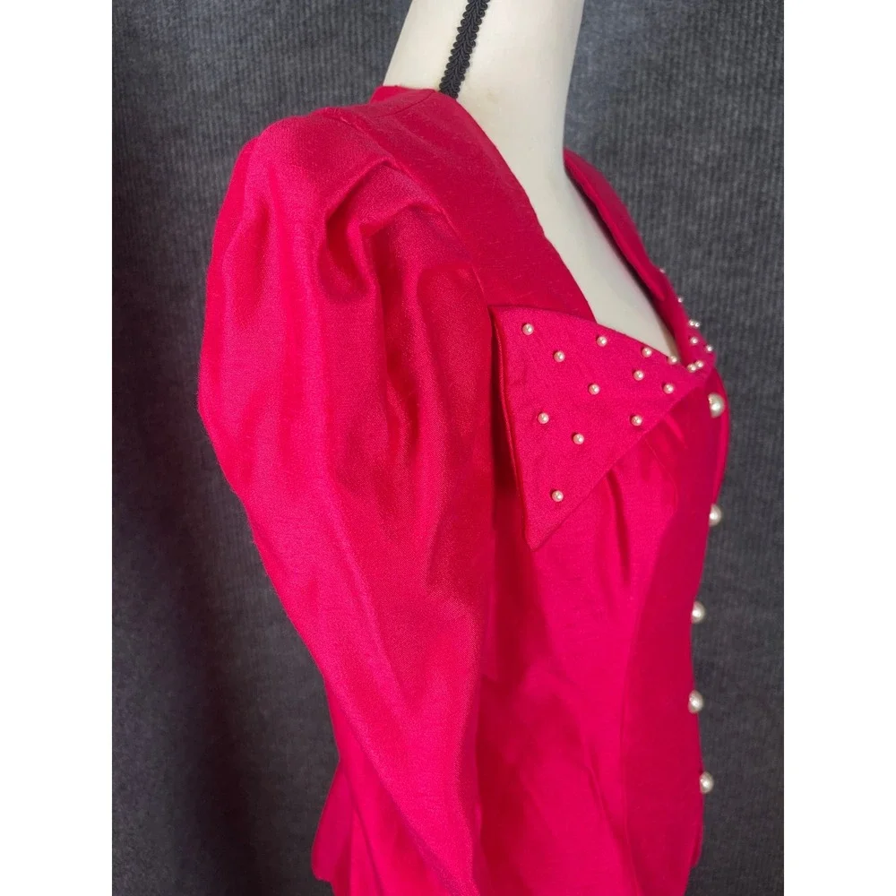 Vintage 80s Hot Pink Maxi Skirt Suit Set S/M Hot Pink Pearl Puff Sleeve USA Glam